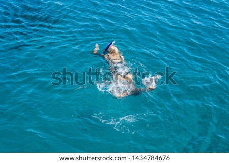 summer vacation water activities photography of woman enjoying by swimming and snorkeling alone in Red sea blue wavy surface, foreshortening from above, copy space