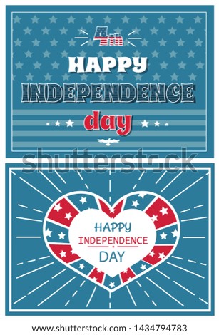 Happy independence day poster heart shape label in colors of american flag anniversary holiday celebrated on fourth july raster greeting banners set