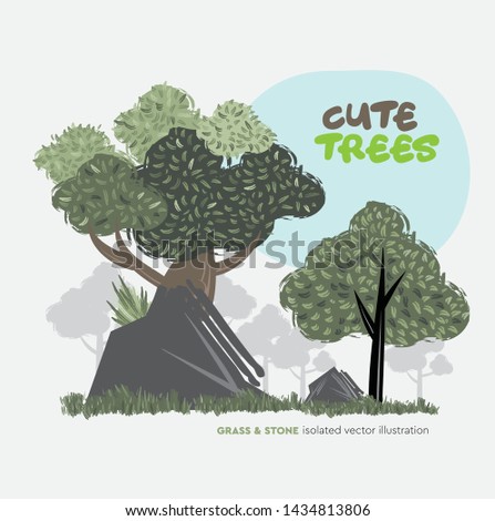 Cute trees and grass vector illustration.Good for greeting card background.