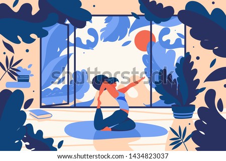 Young girl doing yoga asana training at home in front of window and greenery in room. Concept vector illustrationin blue and orange Royalty-Free Stock Photo #1434823037