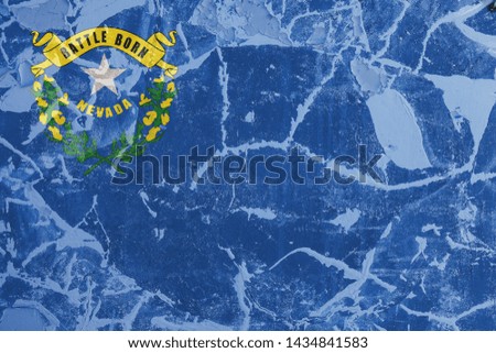 The national flag of the US state Nevada in against a gray wall with cracks and faults on the day of independence in colors of blue and yellow. Political and religious disputes, customs and delivery.