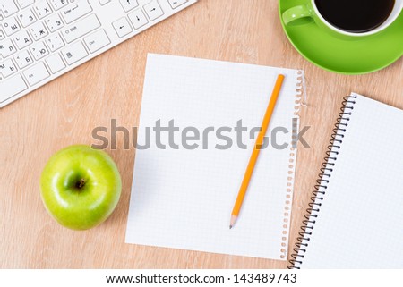pc keyboard, pencil, coffee and notepad, workplace businessman