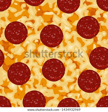 Seamless pattern with texture of pepperoni pizza with tomatoes. Pizza menu. For packaging, advertisements, menu. Vector illustration. Realistic.