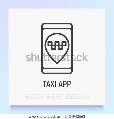 Taxi app thin line icon: yellow pointer on smartphone screen. Modern vector illustration.