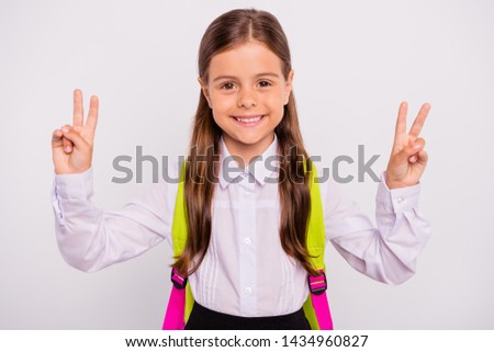 Close-up portrait of  nice attractive winsome lovely cheerful cheery optimistic pre-teen girl nerd showing double v-sign isolated over light white grey background