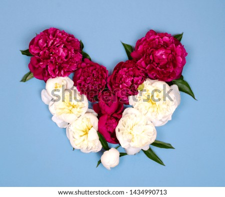 Peonies in the shape of a heart. Bright lush flowers. Picture fit for a postcard.