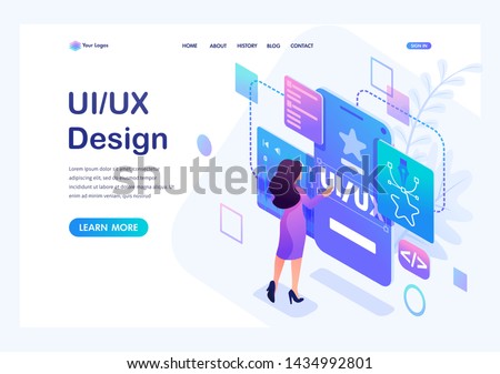 Isometric concept a young woman creates a custom design for a mobile application, Ui UX design. Landing page template for the site Royalty-Free Stock Photo #1434992801