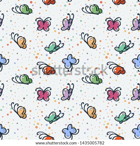 Cute seamless pattern with butterflies. Cartoon hand drawn vector illustration. Nice for t-shirt print, kids wear fashion design, clip-art, baby shower invitation cards