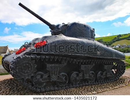 The Sherman tank at Slapton sands in Devon. It was sunk in action during Exercise Tiger which was a rehearsal for the D-Day landings. It now stands as a memorial to those who lost their lives
