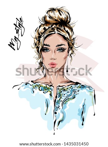 Hand drawn beautiful young woman in stylish jacket. Blonde hair girl. Fashion woman look. Sketch. Vector illustration. Royalty-Free Stock Photo #1435031450
