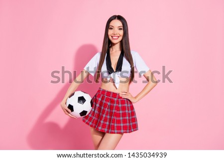 Photo of cheer funny lady cheerleader head school committee soccer ball wear red short skirt white top isolated pink background