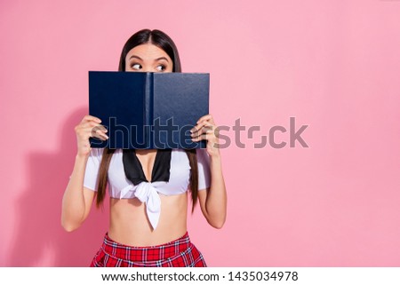 Photo of pretty lady hold hands book reader hide half face look empty space wear specs white top red skirt isolated pink background