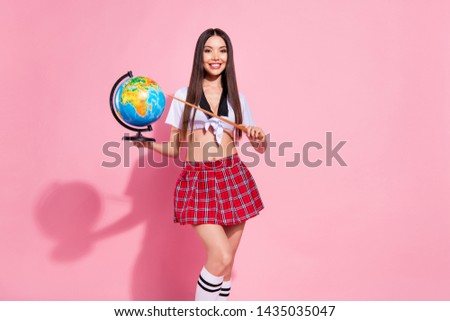 Close up photo of amazing lady head school committee big globe hands use pointer wear white top red skirt isolated pink background