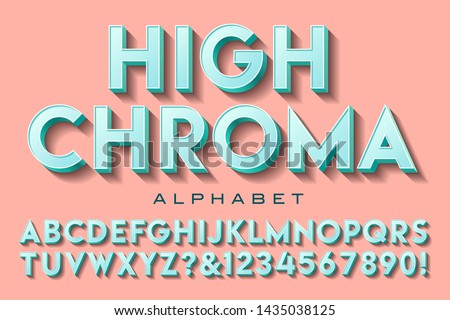 A sans serif capitals and numerals alphabet; this font has high chroma values of teal, with a salmon pink background. Royalty-Free Stock Photo #1435038125