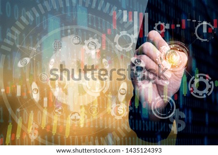 Businessman hand touching screen interface, Stock financial analysis with charts, Innovation technology concept.