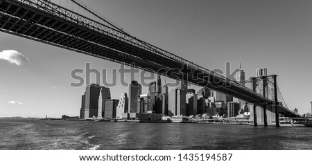 Famous Skyline of downtown New York City, Brooklin Bridge and Manhattan with skyscrapers illuminated over East River panorama. New York, USA