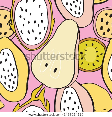 Summer fresh juicy hand-drawn seamless pattern with fruits. Summer vector print with fruits papaya, passion fruit, kiwi, lemon, dragon fruit. Can be used for design of t-shirts, textiles and fabrics.