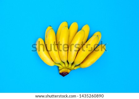 Bunch of bananas on blue backdrop top view. Tropical and exotic fruit flat lay on turquoise background. Healthy vegan and vegetarian diet. Summertime dessert ingredient. Simple, colorful wallpaper