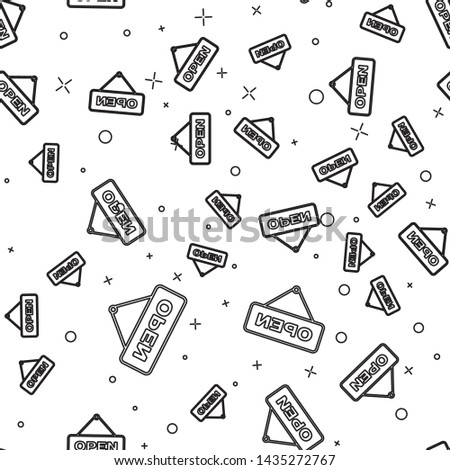 Black Hanging sign with text Open door icon isolated seamless pattern on white background. Vector Illustration