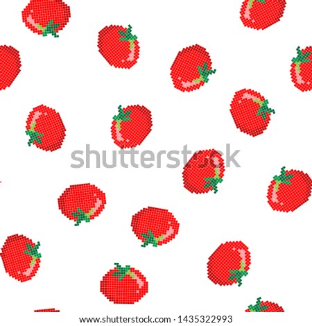 Seamless pattern with 8 bit pixel tomato on a white background. Vector illustration.Old school computer graphic style. Games elements.