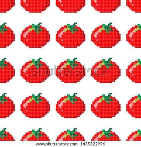 Seamless pattern with 8 bit pixel tomato on a white background. Vector illustration.Old school computer graphic style. Games elements.