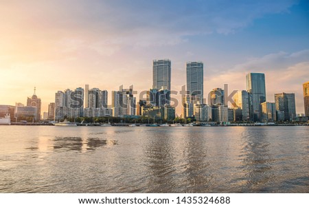Huangpu River and Puxi of Shanghai under the sunset