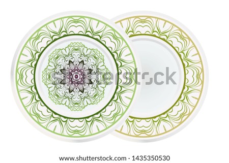 Set of 2 matching decorative plates for interior design. Empty dish, porcelain plate mock up design. Vector illustration.