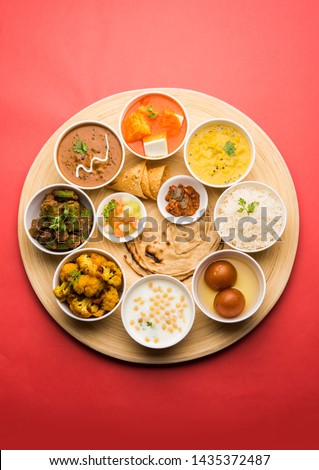 Indian Hindu Veg Thali / food platter, selective focus Royalty-Free Stock Photo #1435372487