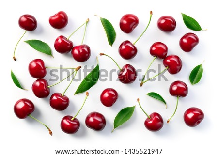 Cherry background. Cherries flat design. Cherry with leaves. Royalty-Free Stock Photo #1435521947