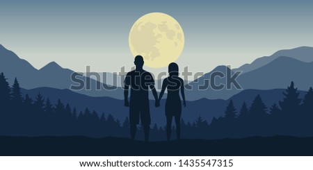couple looks to the full moon in blue mountain and forest landscape at night  illustration 