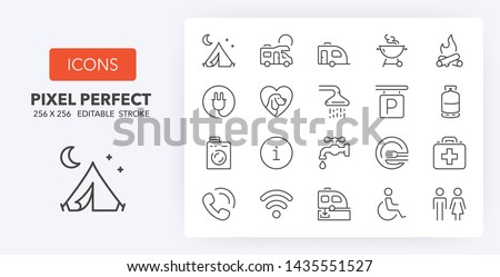 Set of thin line icons of camping, services. Outline symbol collection. Editable vector stroke. 256x256 Pixel Perfect scalable to 128px, 64px... Royalty-Free Stock Photo #1435551527
