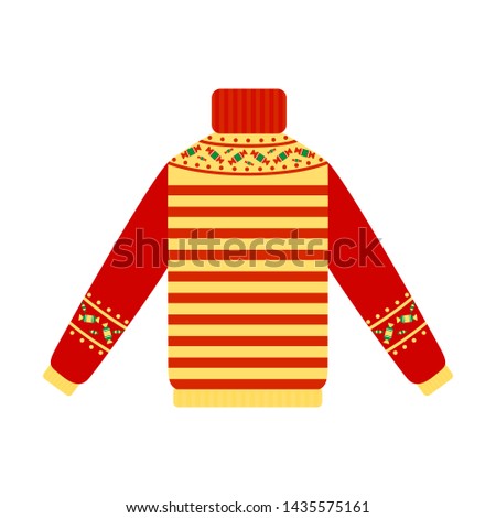 Cute warm red and yellow christmas sweater for winter weather. Xmas pullover or jumper. Holiday cozy outfit. illustration in cartoon style.