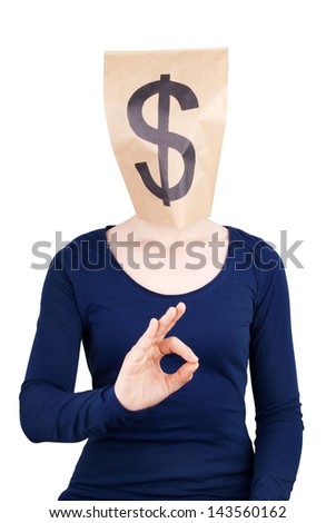 a person with a paper bag head with a dollar sign on it doing an okay gesture Royalty-Free Stock Photo #143560162