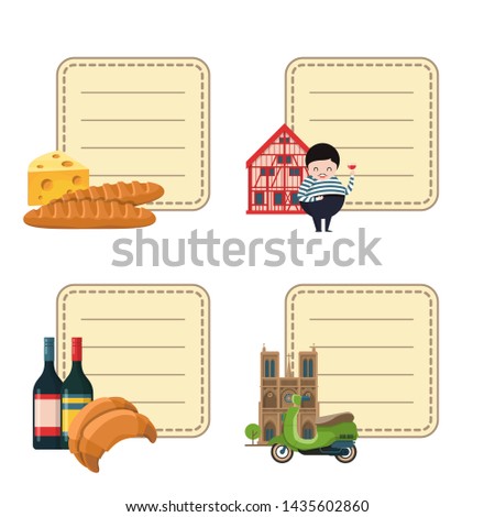 cartoon France sights and objects stickers set with place for text illustration