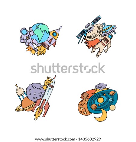 hand drawn space elements piles set illustration isolated on white