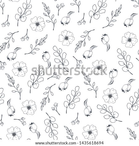 Seamless hand drawn vector pattern with tender floral elements in pink and grey. Elegant endless texture with doodle dog rose flowers Rosa canina. Rosebush. Wild rose Delicate pattern Royalty-Free Stock Photo #1435618694