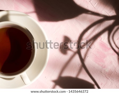 Cup of tea on light pink background with shadow
