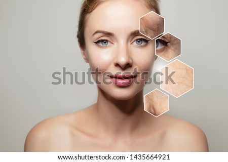 Health supplement female face anti-aging beauty cosmetics banner  Royalty-Free Stock Photo #1435664921