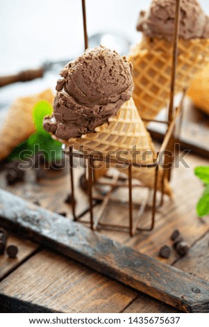 Chocolate ice cream in waffle cones with fresh mint
