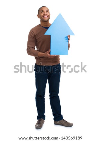 Happy Man Holding Arrow Sign On White Background