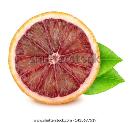 Half of red orange with leaves isolated on white background.