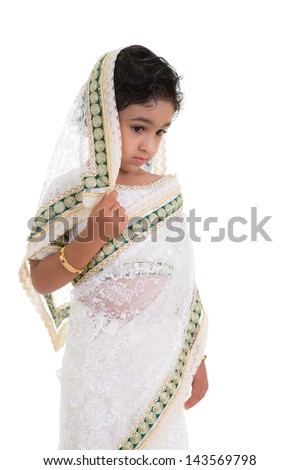 Shy Toddler Draped in a Saree, Isolated, White