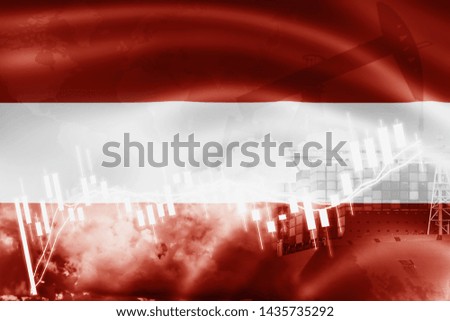 Austria flag, stock market, exchange economy and Trade, oil production, container ship in export and import business and logistics.