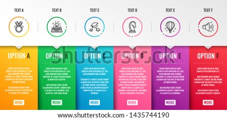 Air balloon, Honor and Marketing strategy icons simple set. Throw hats, Typewriter and Loud sound signs. Sky travelling, Medal. Education set. Infographic template. 6 steps timeline. Business options