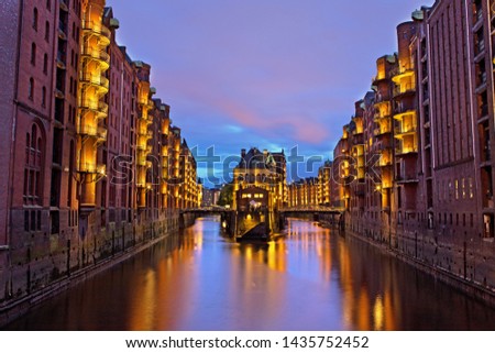 German town Hamburg's warehouse business, industrial district famous landmark at the blue hour