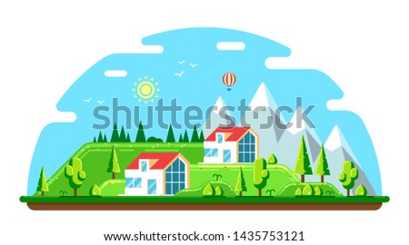 Summer landscape. Houses among trees and mountains. Flat style illustration. 