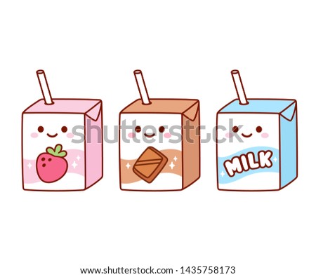 Cute cartoon milk box characters: strawberry, chocolate and regular milk. Kawaii milk cartons with drinking straw and smiling face. Isolated vector clip art illustration set.