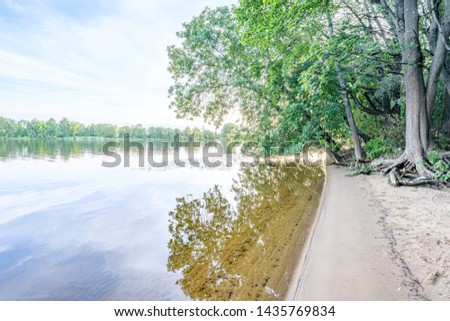 calm summer day evening by the forest lake in forest with blue water and clear sky and green foliage leaves on the trees