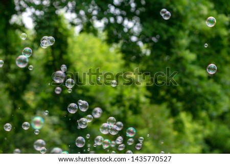 Soap bubbles with colorful reflections on the background of green trees during the children's show.