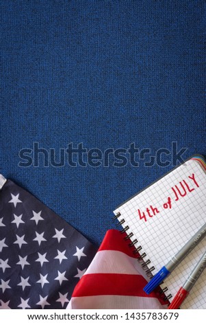 4th of July happy independence day of america . Statue of liberty with text and waving american flag at corner on blue background and letterhead 